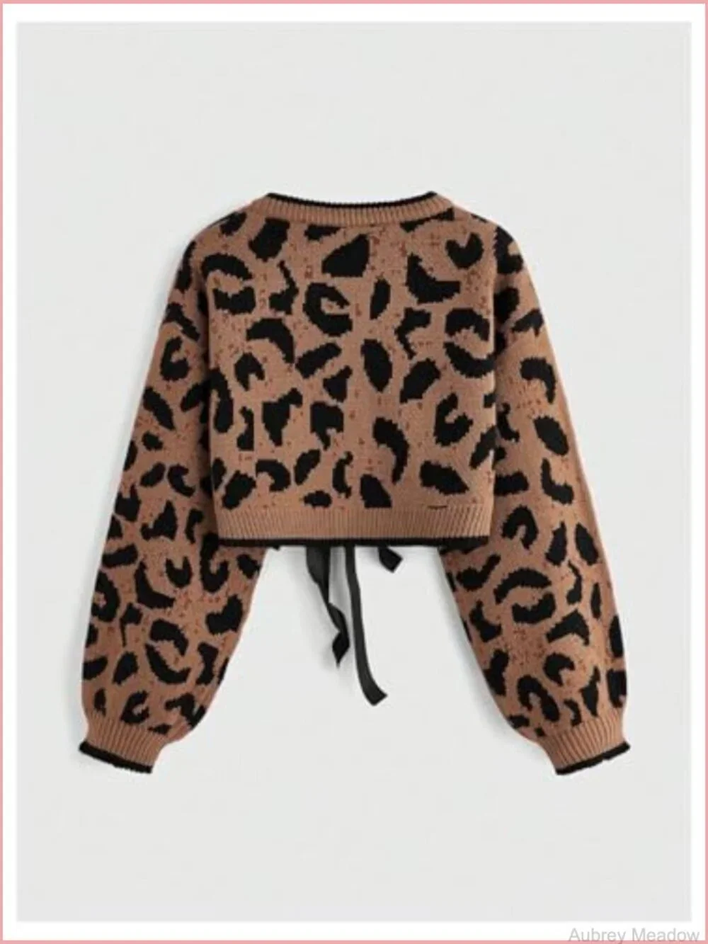 Y2K Cheetah Print Tie Front Crop Cardigan Sweater Long Sleeve Crew Neck